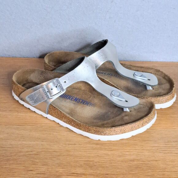 Birkenstock Gizeh Women 37 6 6.5 Silver Birko-Flor Thong Sandals Vegan Leather - Picture 1 of 11